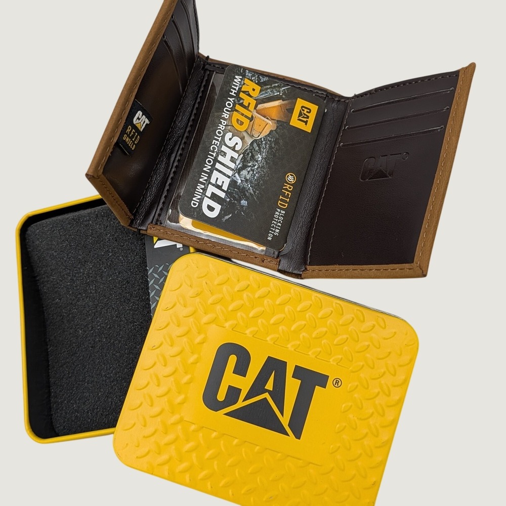 CAT Leather RFID Trifold Wallet Mens Brown Leather Workwear Embossed Logo Gorpor